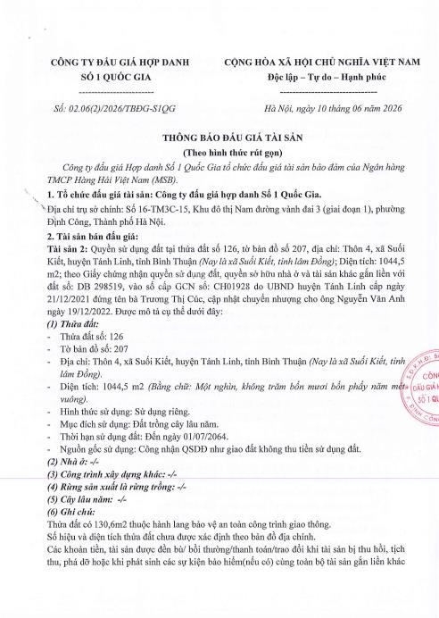 Bán đấu giá quyền sử dụng đất tại xã suối kiết, tỉnh lâm đồng