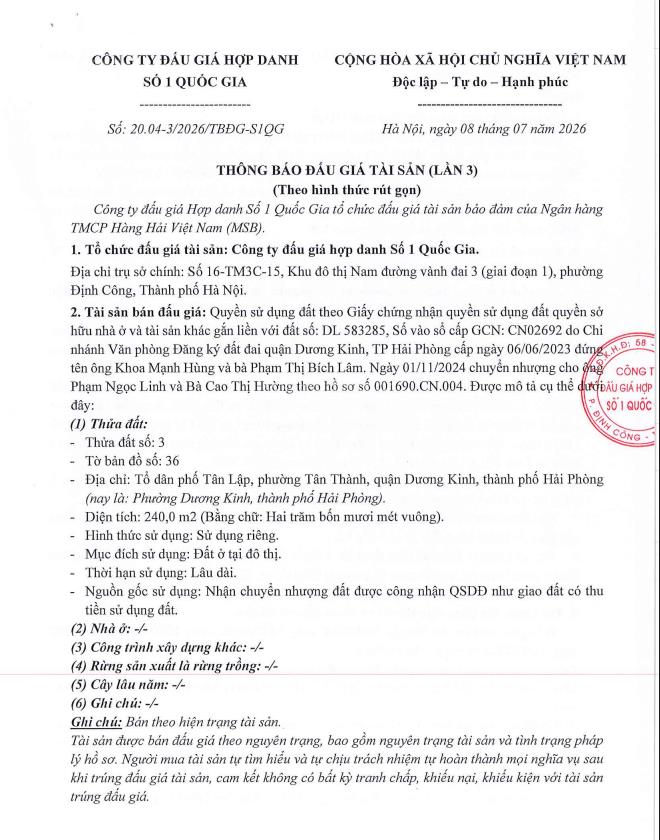 Thông báo đấu giá qsd đất tại phường dương kinh, thành phố hải phòng