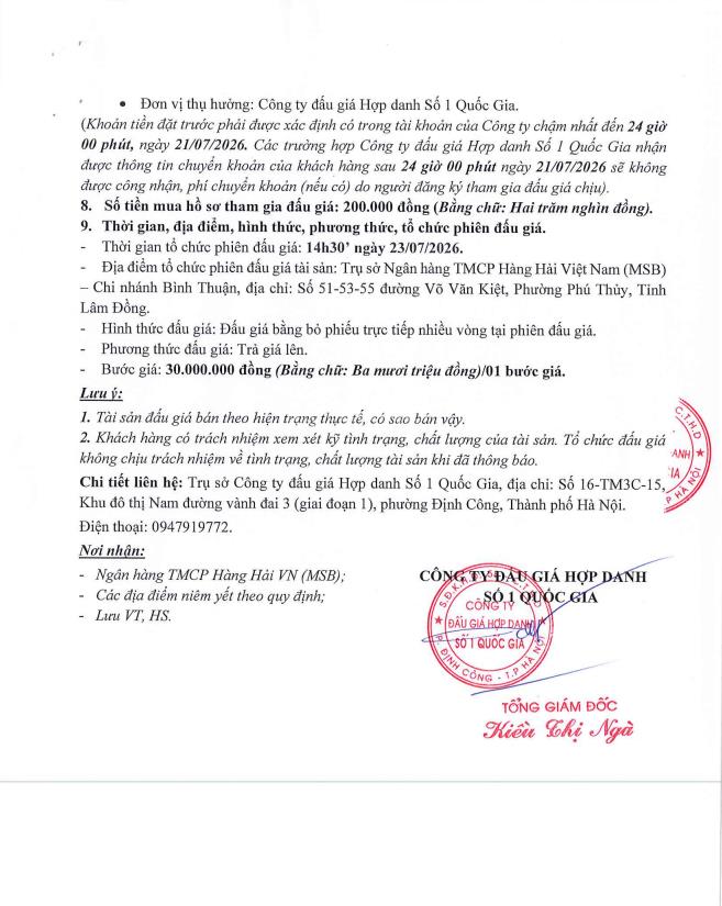 Thông báo bán đấu giá qsd đất tại phường hàm thắng, tỉnh lâm đồng
