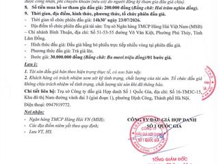 Thông báo bán đấu giá qsd đất tại phường hàm thắng, tỉnh lâm đồng
