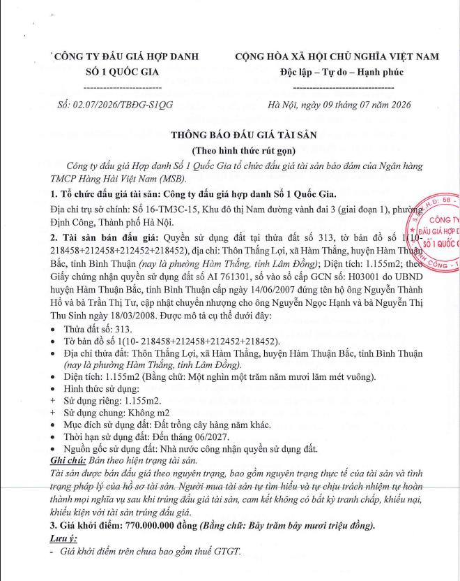 Thông báo bán đấu giá qsd đất tại phường hàm thắng, tỉnh lâm đồng