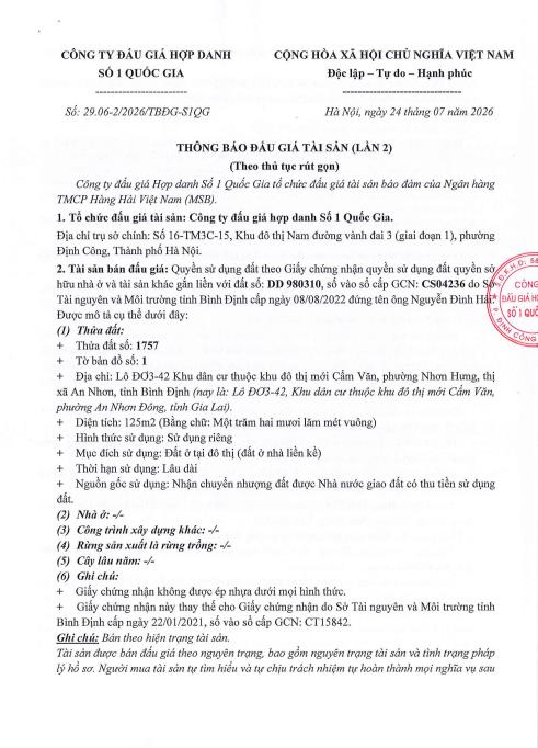 Thông báo đấu giá qsd đất tại phường an nhơn đông, tỉnh gia lai