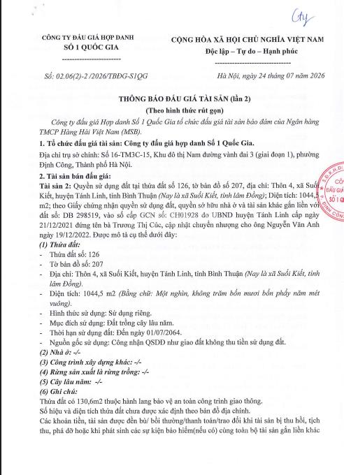 Thông báo đấu giá qsd đất tại xã suối kiết, tỉnh lâm đồng
