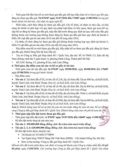 Thông báo đấu giá qsd đất tại xã suối kiết, tỉnh lâm đồng, bán gộp với tài sản 02 và 04