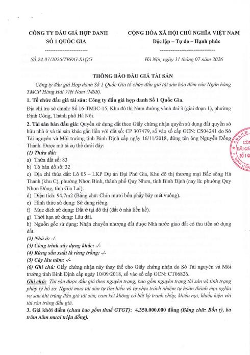 Thông báo bán đấu giá qsd đất tại phường quy nhơn đông, tỉnh gia lai
