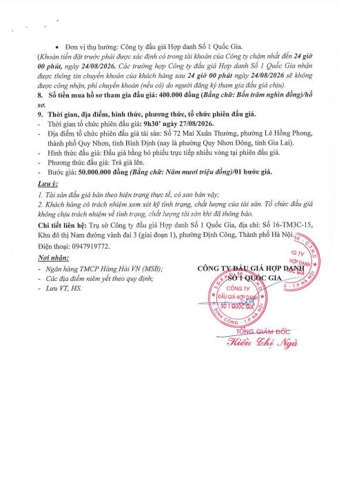 Thông báo bán đấu giá qsd đất tại phường quy nhơn đông, tỉnh gia lai