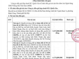 Thông báo bán đấu giá qsd đất tại xã suối kiết, tỉnh lâm đồng, bán gộp với tài sản 02 và 03