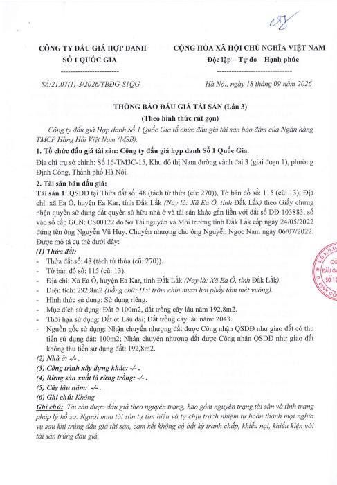 Thông báo bán đấu giá qsd đất tại xã ea ô, tỉnh đắk lắk