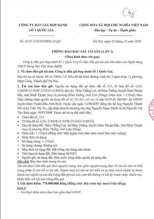 Thông báo bán đấu giá qsd đất tại phường hàm thắng, tỉnh lâm đồng