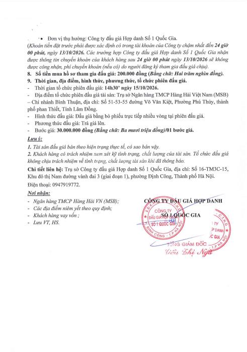 Thông báo bán đấu giá qsd đất tại phường hàm thắng, tỉnh lâm đồng