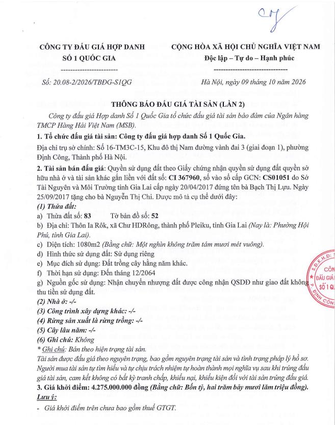 Thông báo bán đấu giá qsd đất tại phường hội phú, tỉnh gia lai