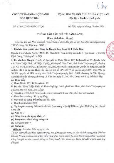 Thông báo bán đấu giá tài sản mũi né, lâm đồng