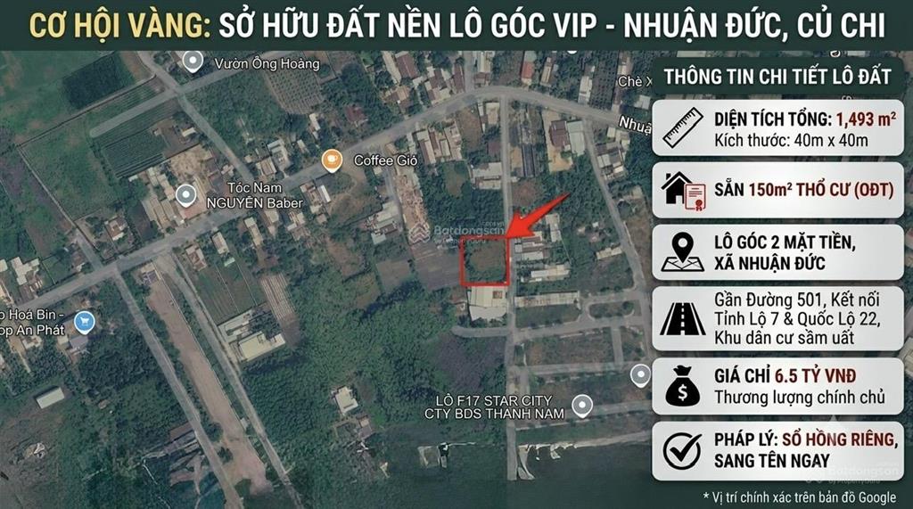 Chỉ 6,5 tỷ sở hữu 1.493,4m² đất lô góc 2 mặt tiền nhuận đức, sẵn 150m² thổ cư