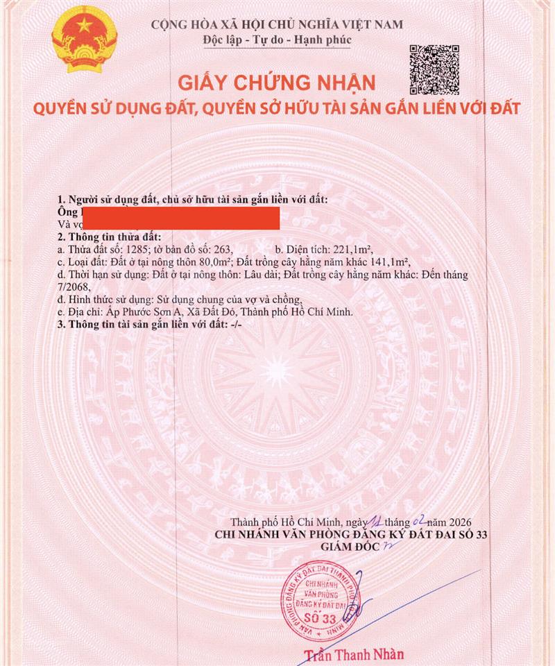 Bán gấp đất nền 221m2 tại ấp phước sơn a, 2,5 tỷ, huyện long đất, bà rịa vũng tàu