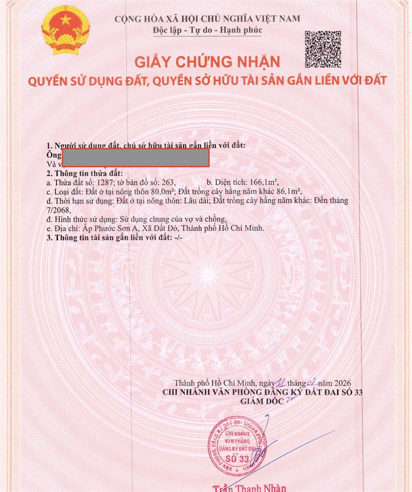 Bán đất 166m2 tại ấp phước sơn a, đất đỏ, tp. hcm  1,9 tỷ có thương lượng