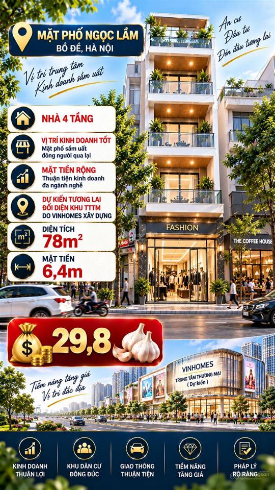 Mặt phố ngọc lâm, bồ đề, hà nội. diện tích 78m2, mặt tiền 6,4m. dưới 30 tỷ