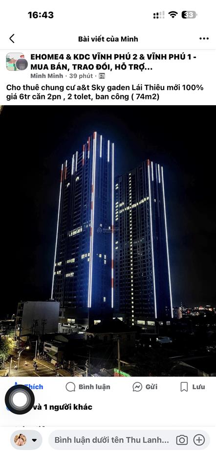 Cần cho thuê căn hộ a&t sky garden 1pn+ tại p. lái thiêu được bàn giao full mới.