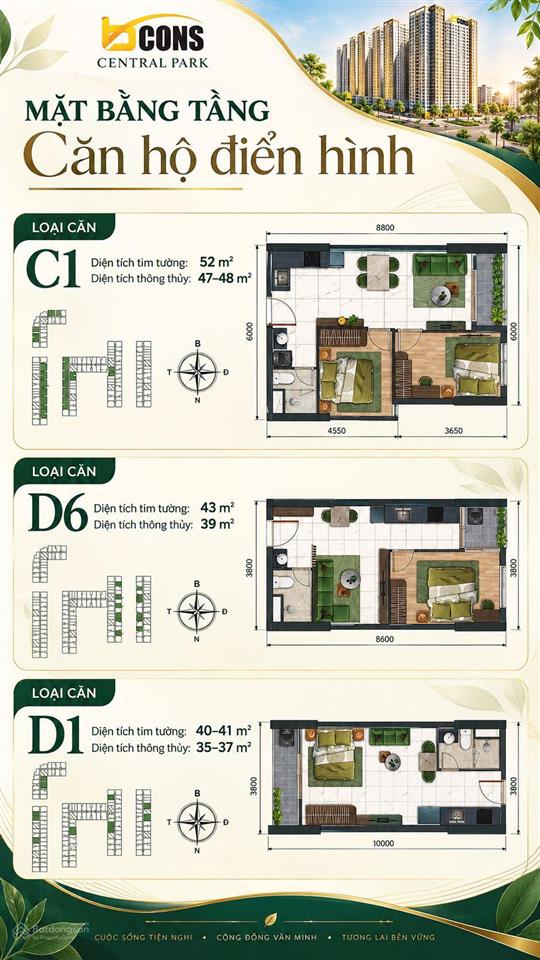 Bán cc 1pn tại bcons central park, 1,8 tỷ, 40m2
