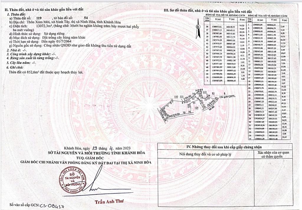 Bán đất nông nghiệp xã ninh tây có dt 13.072m2 tại thôn xóm mới
