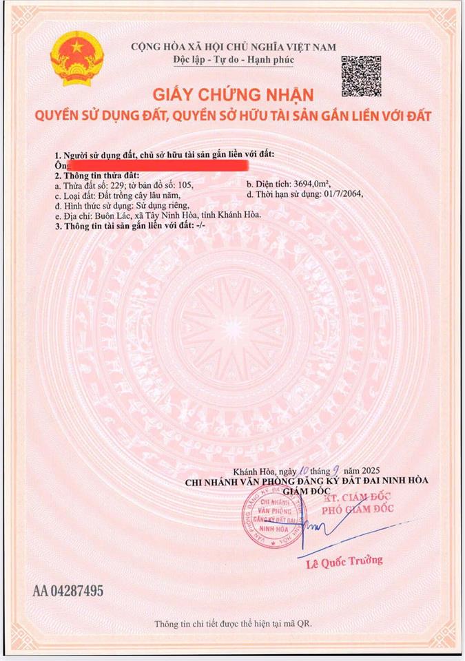 Bán đất xã ninh tây có dt 3.694 m2 thuộc thôn buôn lác