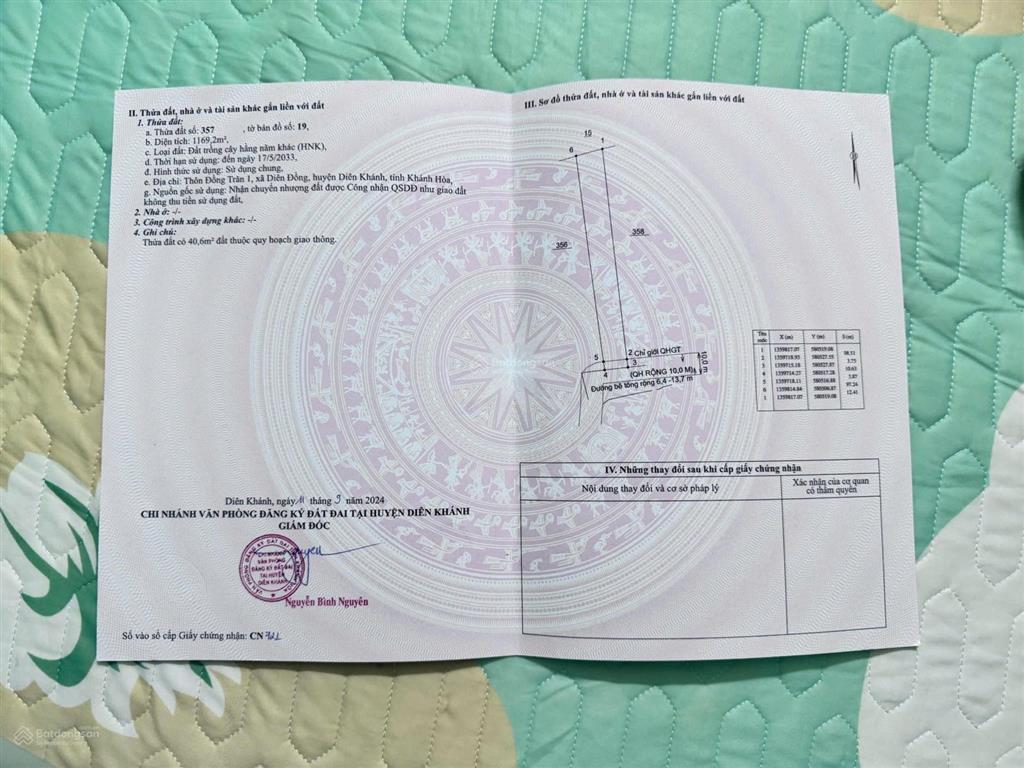 Cần bán lô đất xã diên đồng, diên khánh, dt 1.169 m2