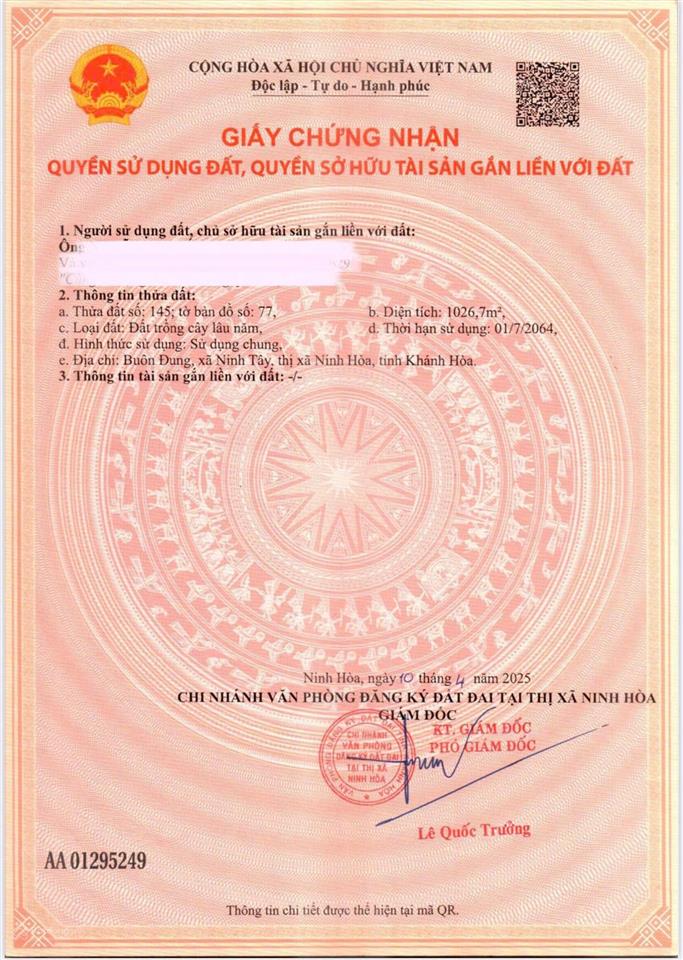 Bán đất có thổ cư xã ninh tây có dt 1.026 m2, có 461 m2 thổ cư
