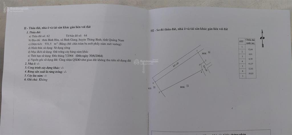 Bán đất trồng cây hàng năm dt 931 m2, 440 triệu tại xã bình giang, quảng nam, hàng hiếm với giá tốt