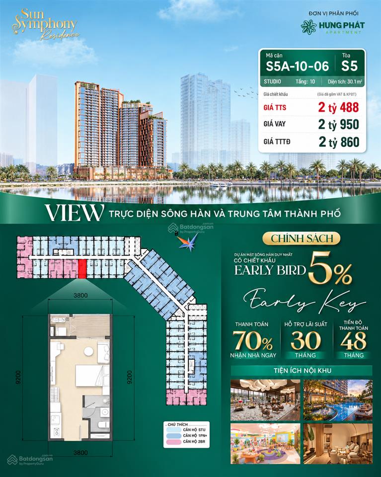 Symphony 5 studio 30,1m2  view sông hàn | giá chỉ từ 2,488 tỷ