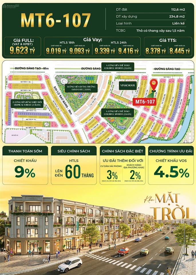 Bán liền kề vinhomes golden city dt 112,6m² giá chỉ 8.378 tỷ, hỗ trợ vay đến 60 tháng