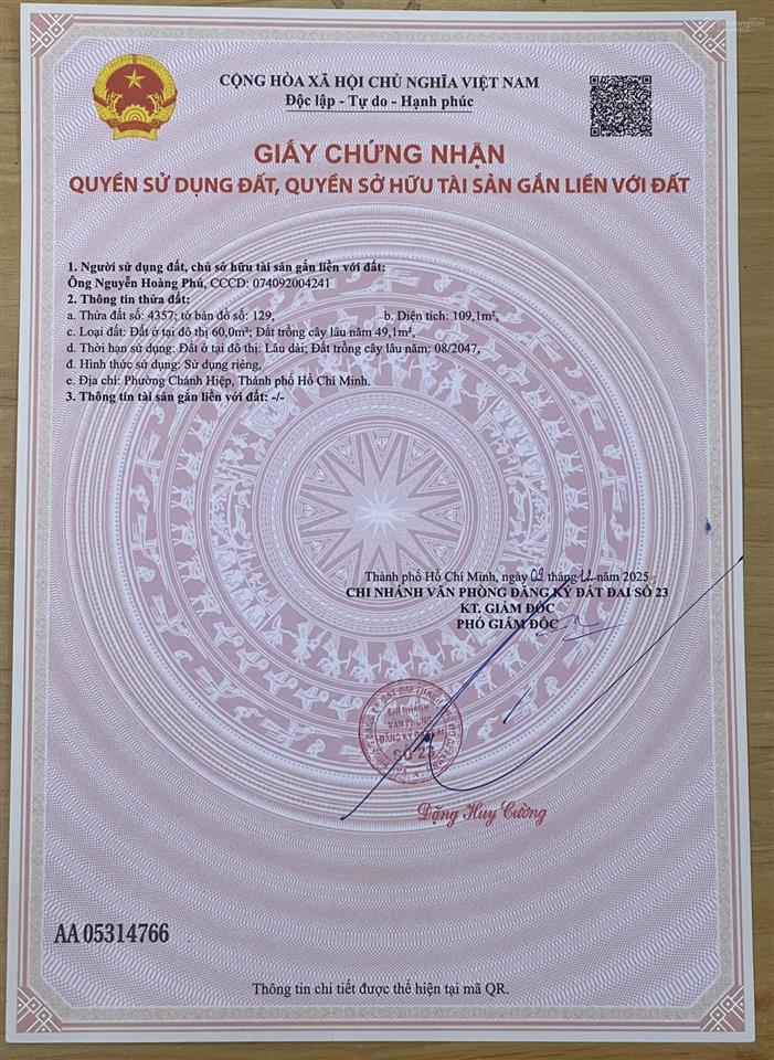 Chính chủ cần bán 109m2 mặt tiền nhựa gần chợ tương bình hiệp