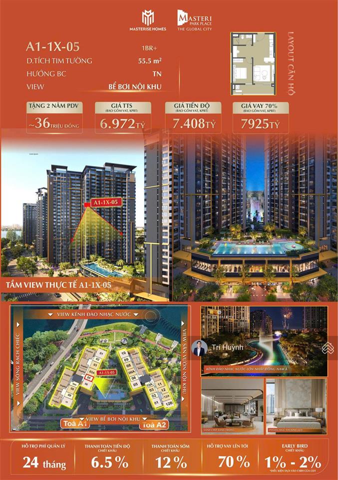 Chỉ từ 6 tỷ có ngay căn hộ 1 view bể bơi nội khu masteri park place