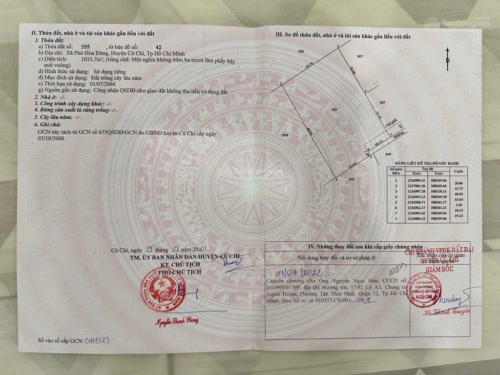 Diện tích 1.035,7m2  đất phú hòa đông củ chi ngang rộng giá chỉ 1,75 tỷ