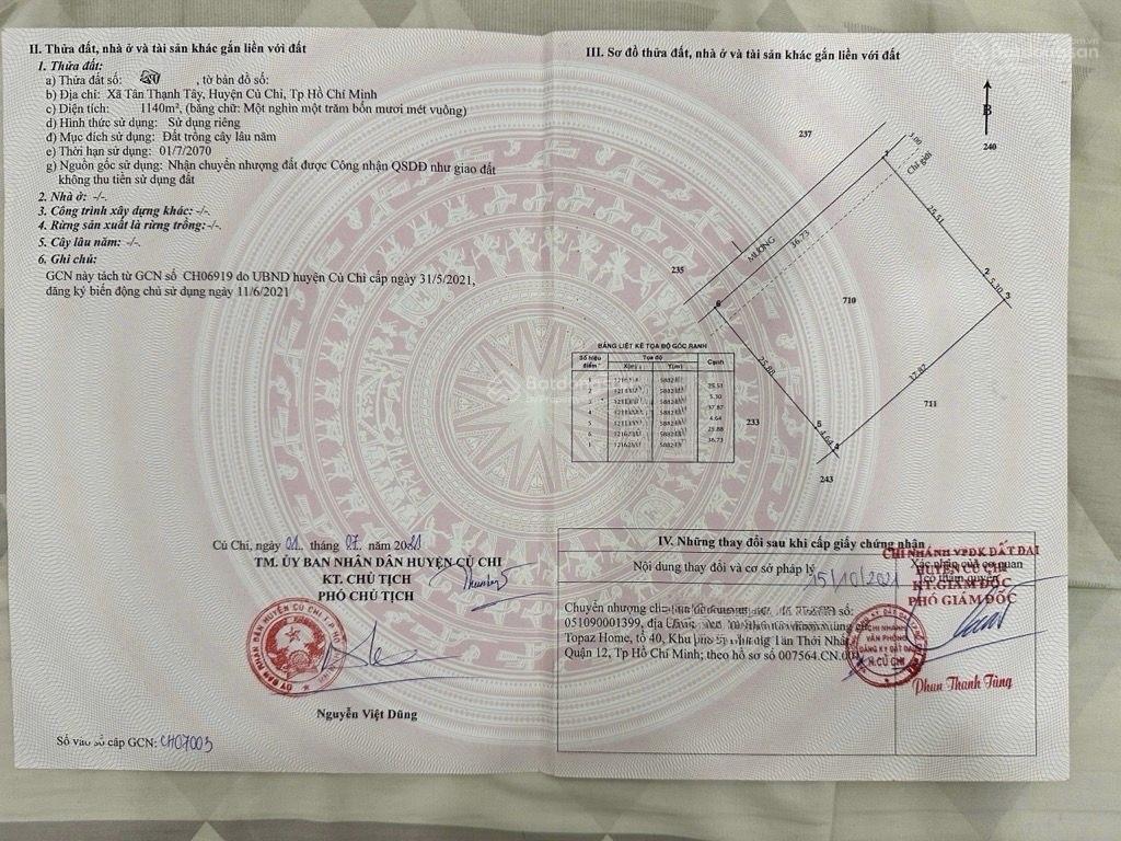 Chỉ 2tr/m2  diện tích 1140m2 đất tân thạnh tây củ chi sổ riêng  giá chỉ 2,4 tỷ