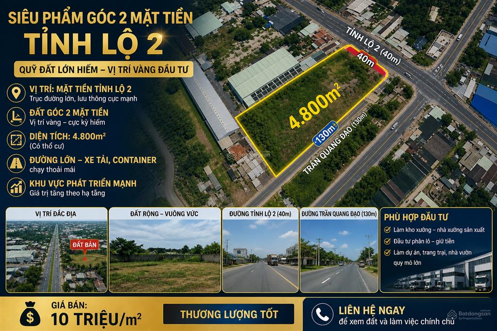 Chỉ 10tr/m2  bán 4800m2 đất góc 2 mặt tiền tỉnh lộ 2 diện tích lớn hiếm  tiện phân lô