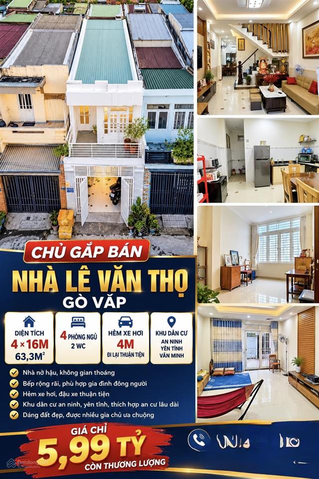 Chỉ 5 tỷ 990  gấp bán nhà lê văn thọ gò vấp 63,3m hẻm xe hơi 4pn 2 wc