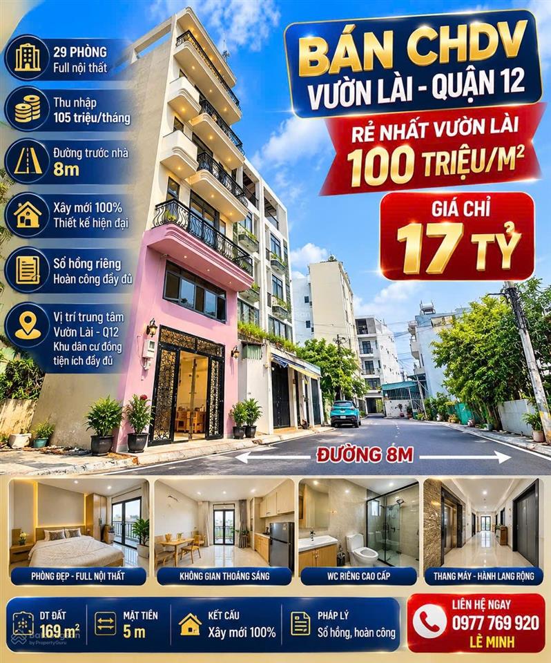 Hàng new 100%  chdv vườn lài 170m2  30 phòng thu 105tr/tháng chỉ 1x tỷ tl
