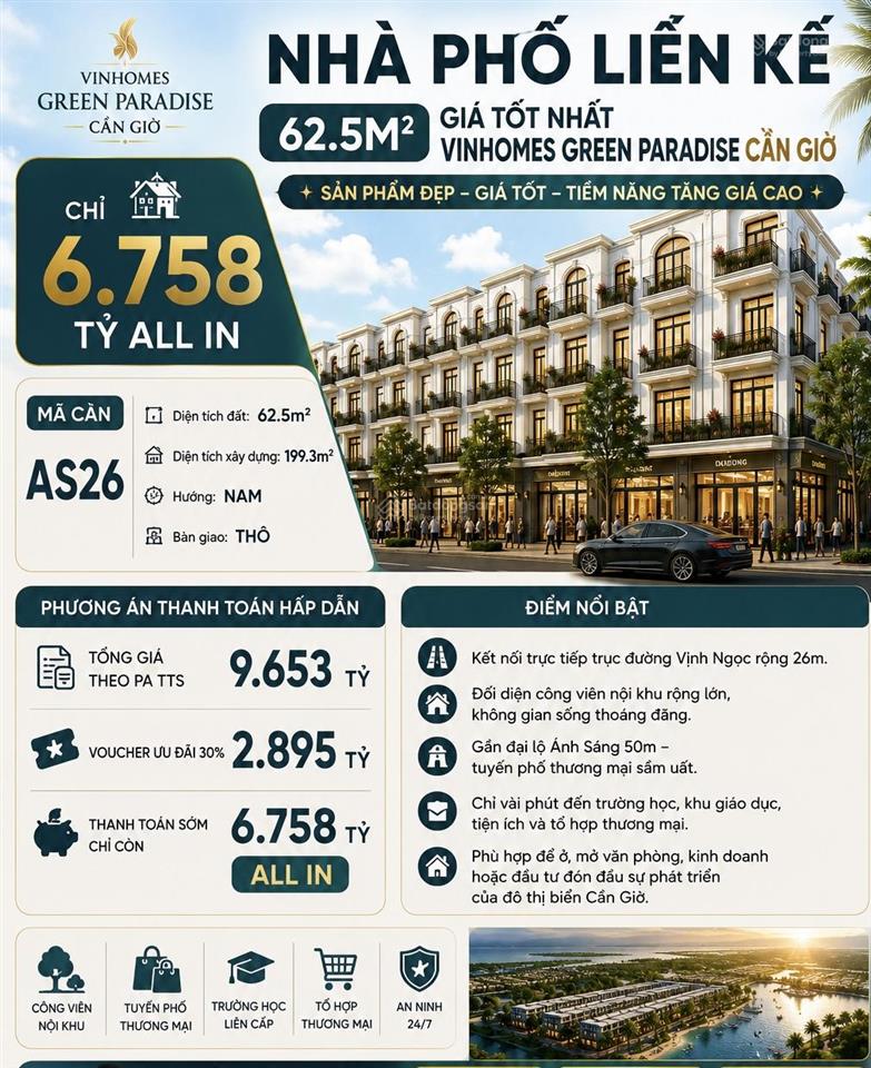 Bán nhà phố vinhomes cần giờ khu cosmo bay chỉ 6 tỷ 758 all in 1 căn suất ngoại giao