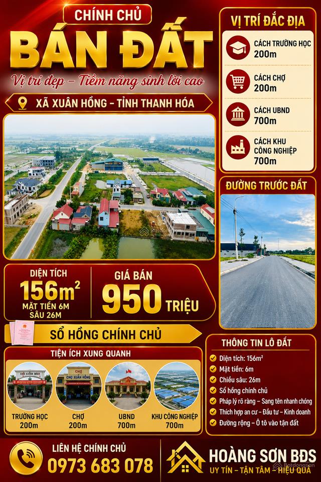 Bán đất ở xuân hồng, giá tốt 950 triệu, 156m2, mặt tiền 6m, pháp lý đầy đủ