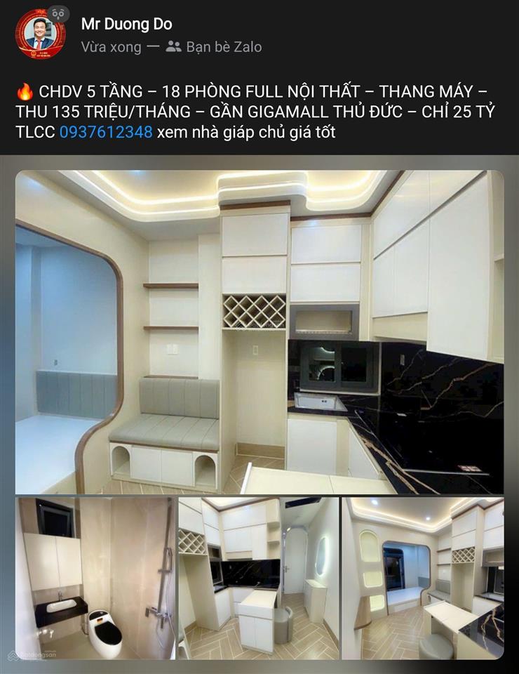 Chdv 5 tầng khu bên sông 18p full nội thất thang máy thu 135tr/m sát gigamall  phạm văn đồng 25$