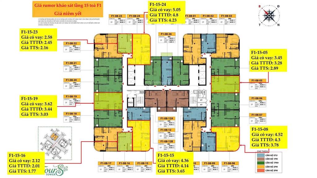 Bán nhanh studio tòa f1 fours towers, sun group, chiết khấu 5%, ân hạn gốc lãi 30 th, chỉ 485tr