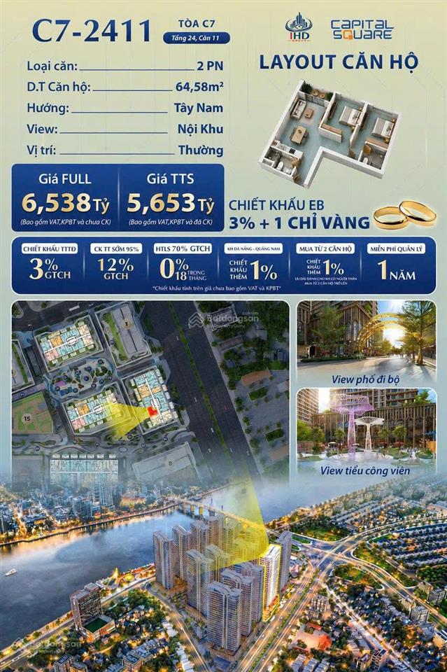 Căn 2 ngủ capital square chỉ 87 tr/m2, ck early bird 3% tặng 1 chỉ vàng, miễn lãi 18t