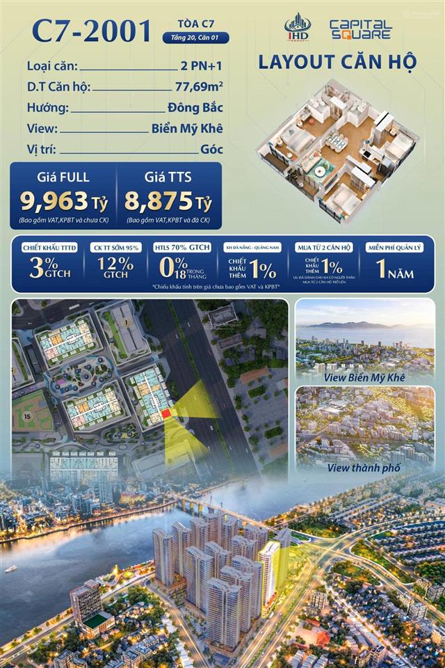 Hàng vip capital square căn 2 pn 77,79m2, view biển mỹ khê, ven sông hàn, giá chỉ từ 110tr/m2
