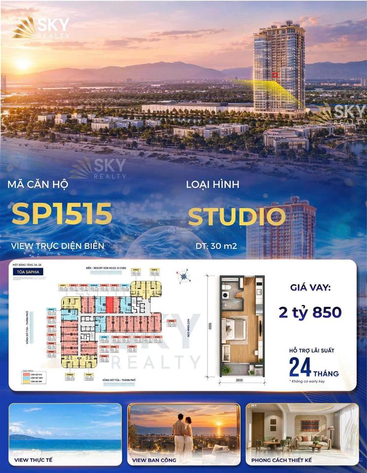 Studio 33m2 sun saphia chỉ 2,8 tỷ, trực diện biển, ngân hàng hỗ trợ 70%, miễn lãi 24th. sp15115