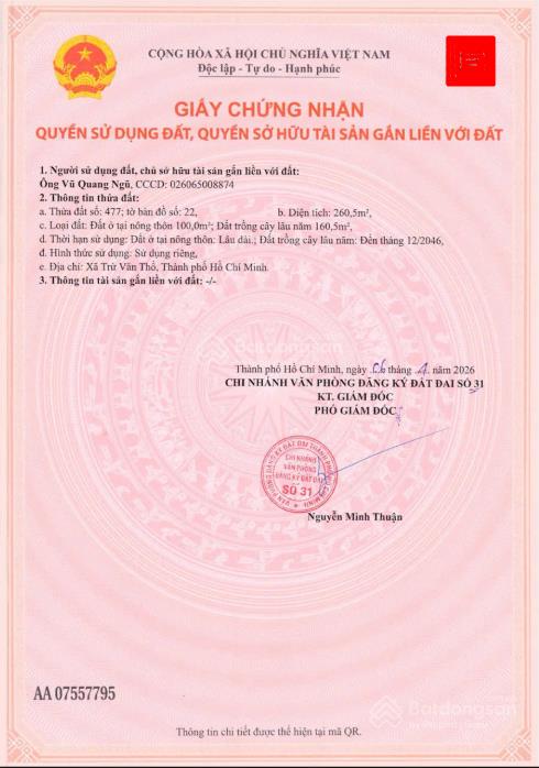 Bán đất trừ văn thố giá chỉ 950 triệu 260,5m2 có 100m2 thổ cư sổ hồng riêng