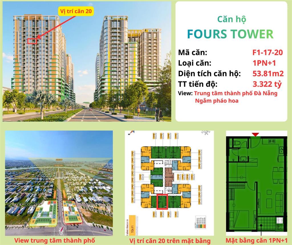 Căn 1pn+1 / 53.8m2 tầng 17 tòa f1 view về tttp đà nẵng và ngắm pháo hoa  fours tower