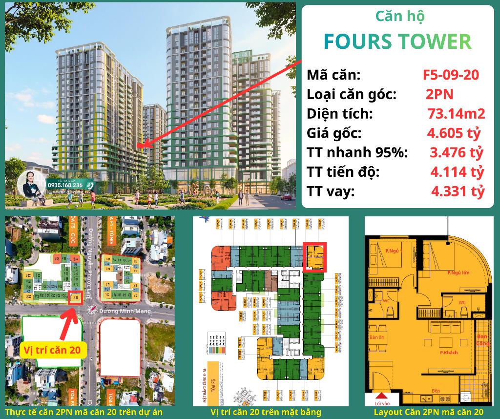 CĂN GÓC 2PN/73.14M2 GIÁ 3.476 TỶ HƯỚNG ĐÔNG NAM MÁT MẺ - FOURS TOWER