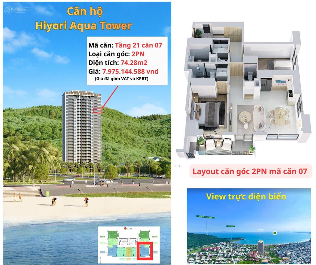 Căn góc view biển 2pn/74,28m² giá 7,975 tỷ  sở hữu lâu dài  hiyori aqua tower