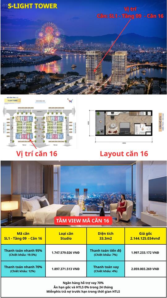 Căn studio/33.3m2 giá từ 1.747 tỷ căn hộ slight tower