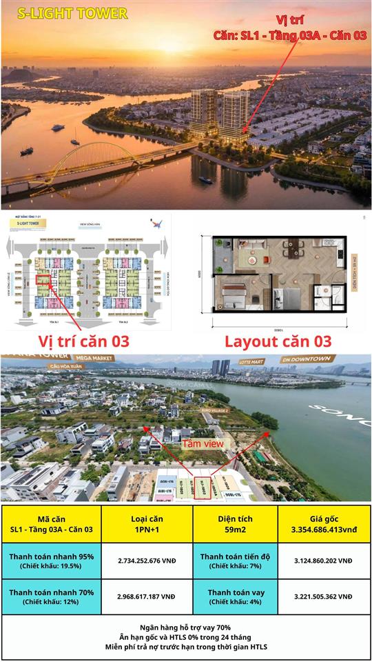 Căn 2pn/59m2 giá 2.734 tỷ khu hòa xuân căn hộ s  light tower