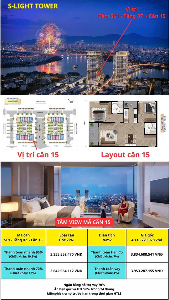 S  light tower căn 2pn/76m2 giá 3.355 tỷ